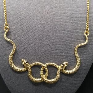 Snakes Intertwined Necklace, Black Rhinestone Eyes, Textured Gold Tone, 22"